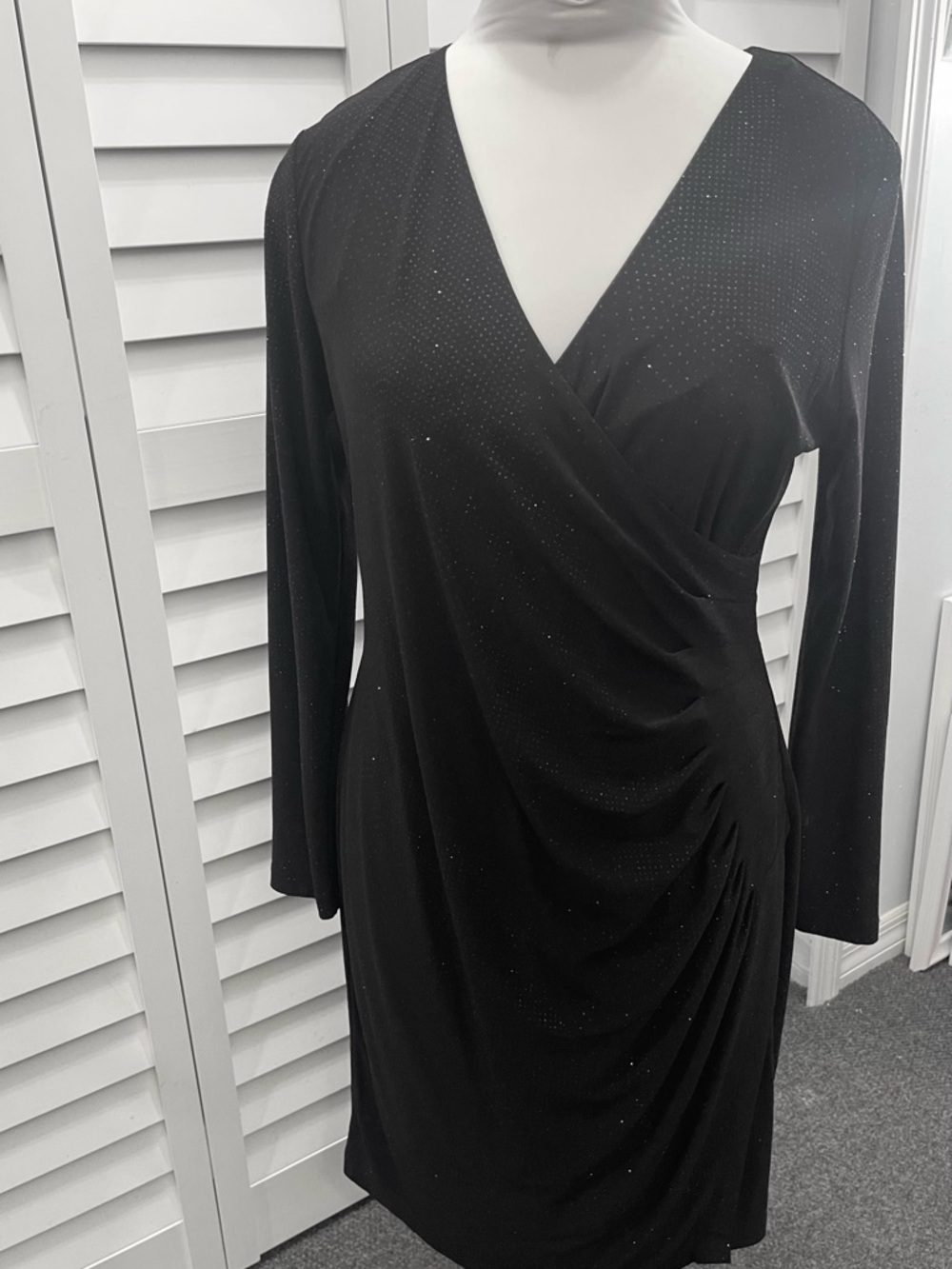 Calvin Klein Black Long-Sleeve Wrap-Style Dress with Subtle Sparkle